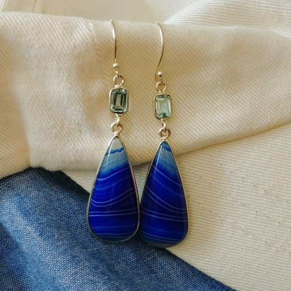 Blue Striped Botswana Agate & Topaz Earrings - Picture 4 of 5